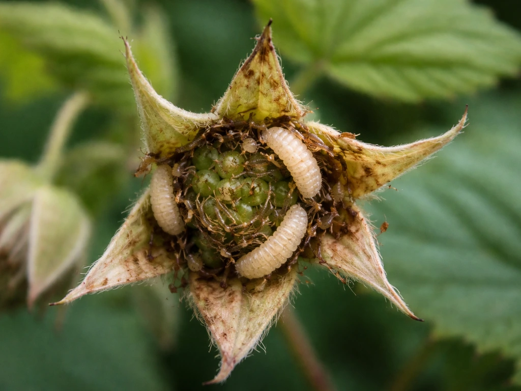 Macro close-up of raspberry flower buds with creamy-white larvae and chewed, damaged tissue.