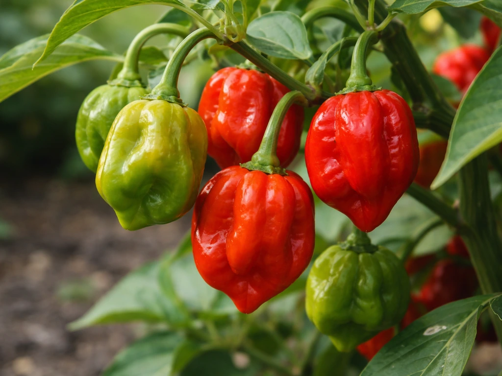Close-up of scotch bonnet peppers in green-to-red ripening stages on the plant