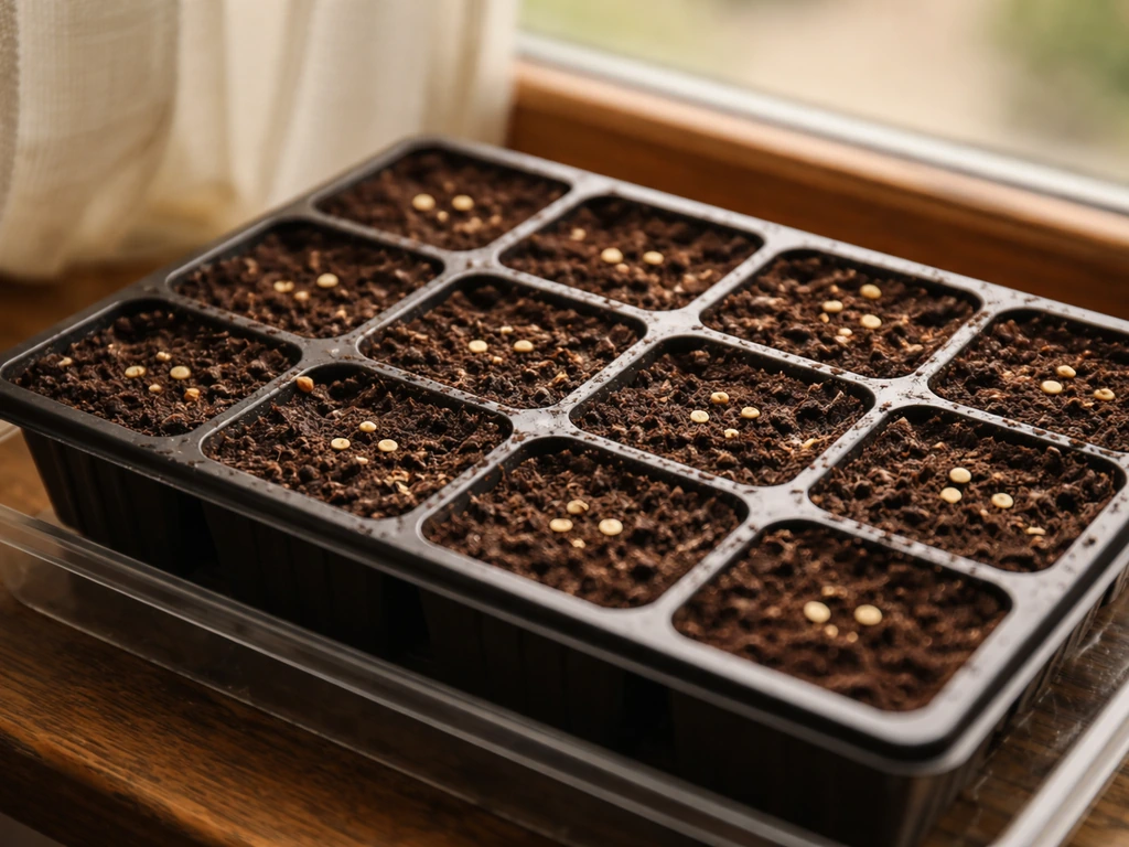 Scotch bonnet seeds in small seed cells on a warm windowsill with a gentle glow