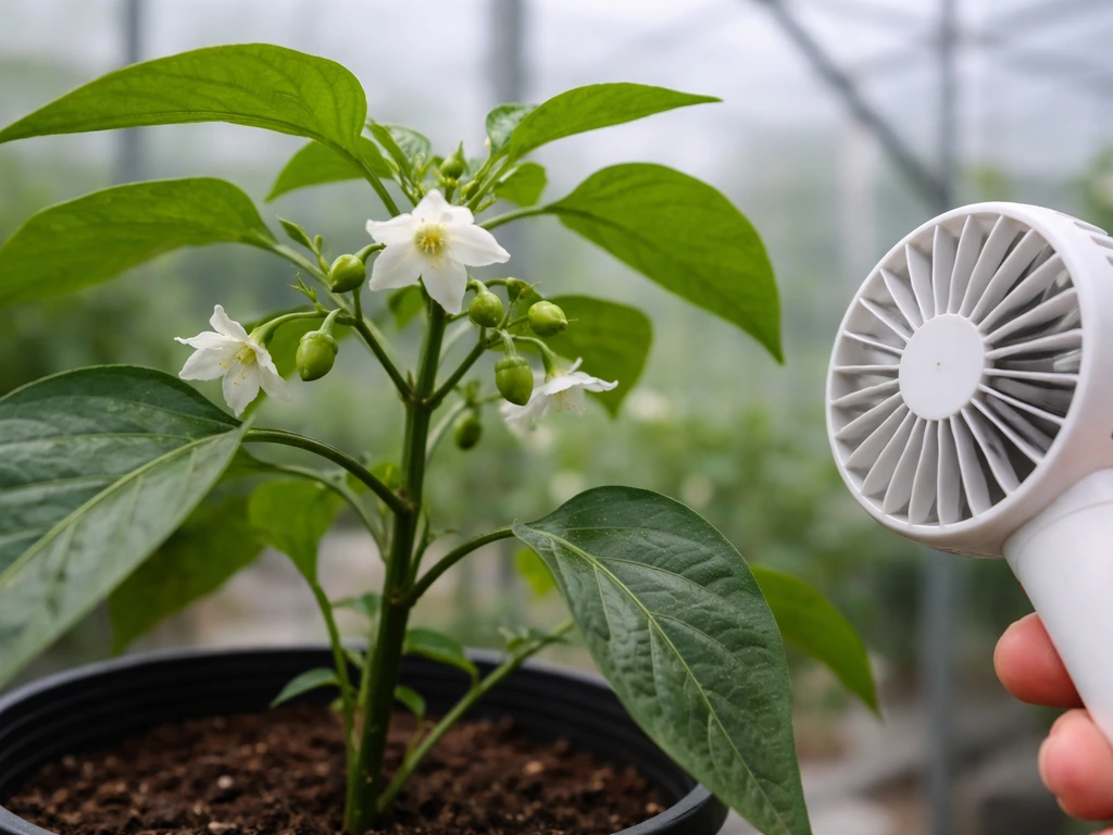Green pepper plant under cover with close flowers and a small pollination aid nearby