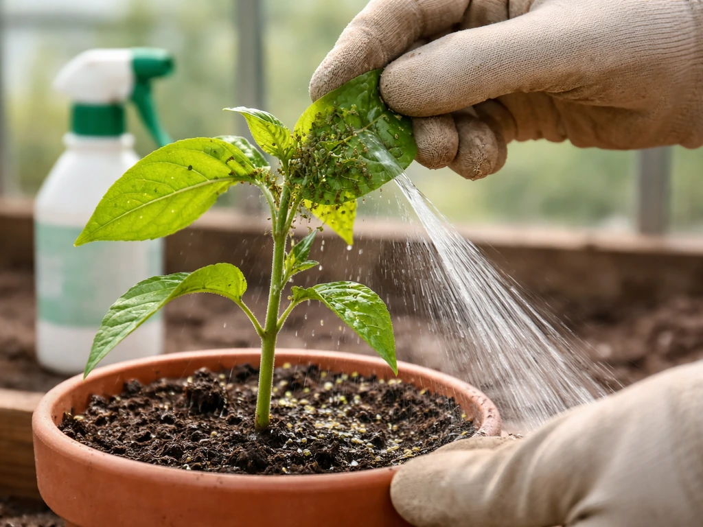 Gloved hands lifting a greenhouse leaf while aphids are rinsed off with water near young plants.