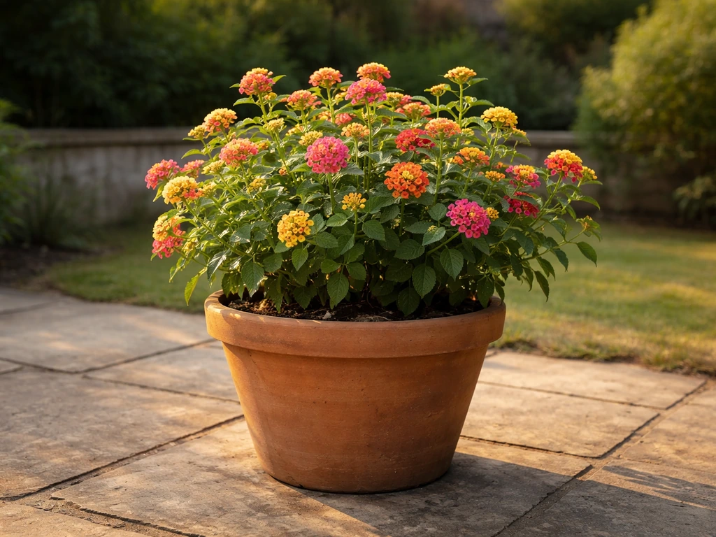Vibrant potted lantana in bloom on a sunny UK patio with a softly blurred outdoor background.