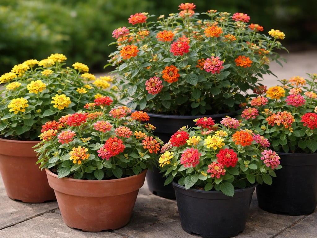 Close-up of potted lantana cultivars with different flower colours in a simple garden setting