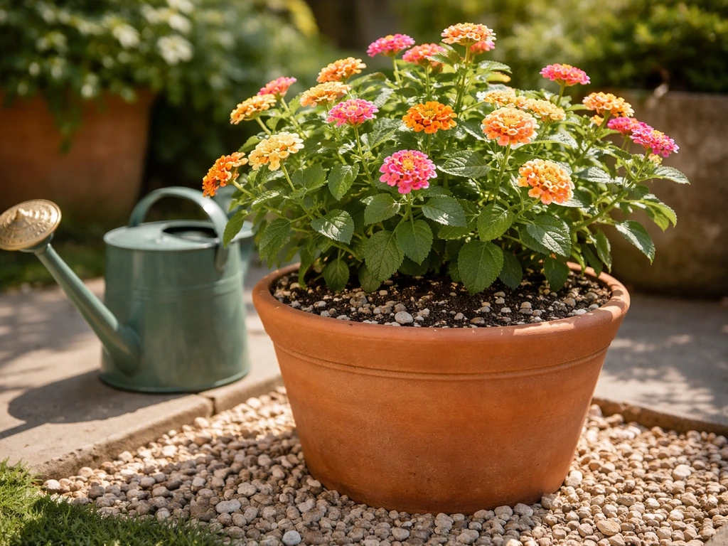 Lantana in a terracotta pot on a sunny patio with a visible well-draining compost mix and gravel base.