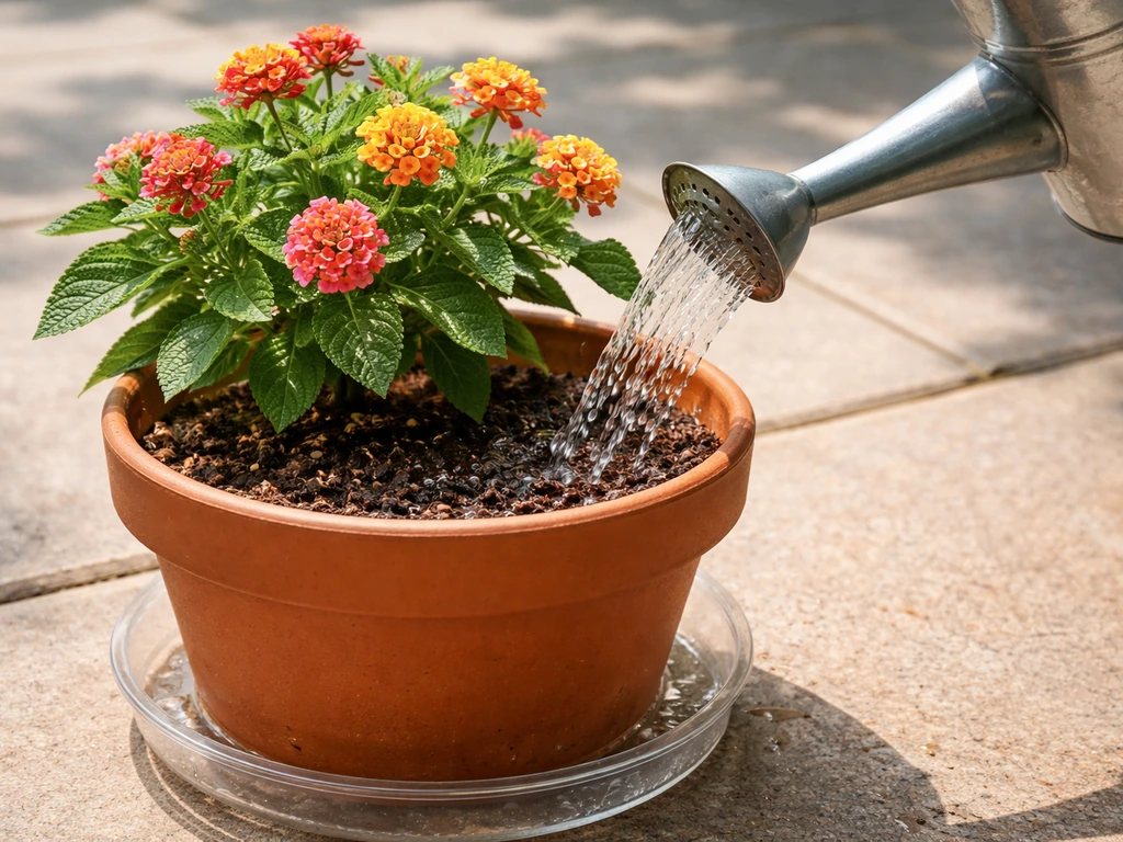 Watering container lantana: watering can pouring onto compost with drainage visible in the saucer.