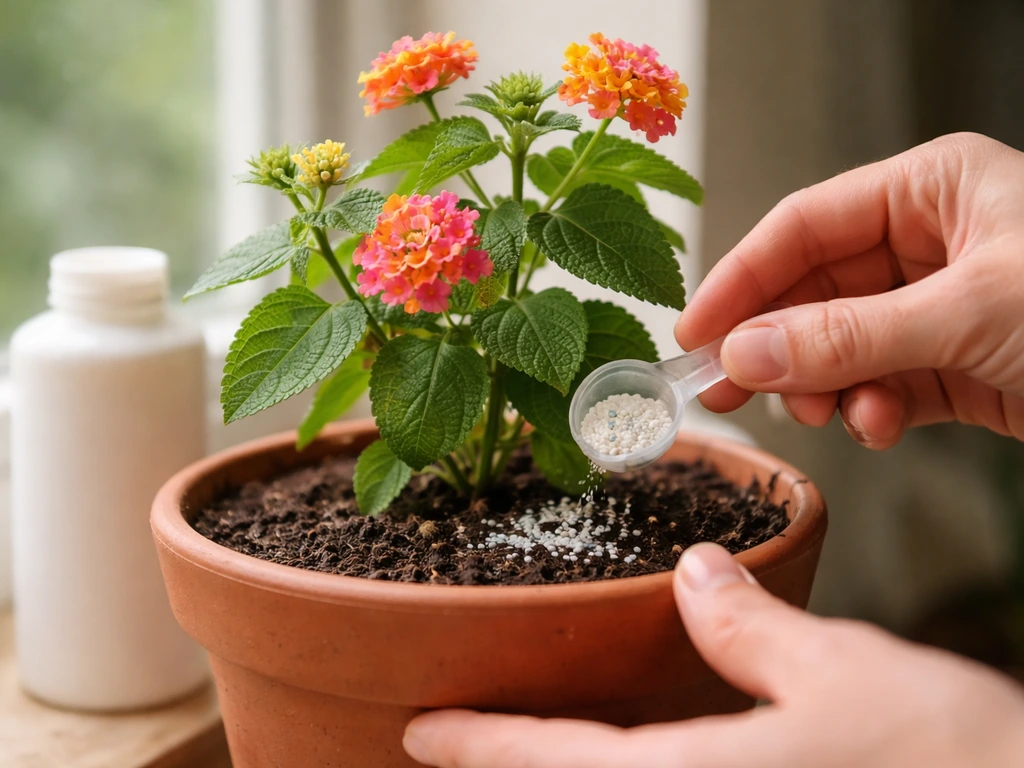 Hands applying high-potash fertiliser to flowering lantana in a pot indoors, bright light background.
