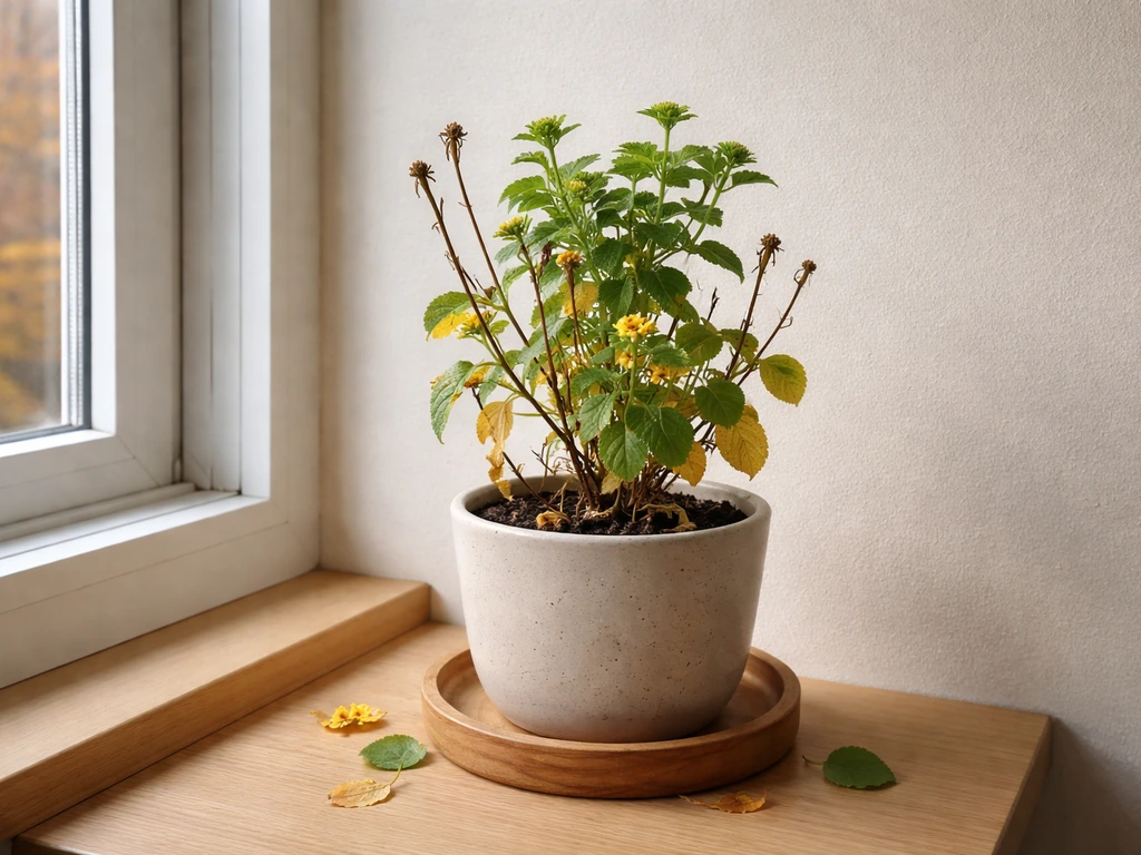 Potted lantana on a windowsill showing leaf drop and die-back with small new growth.