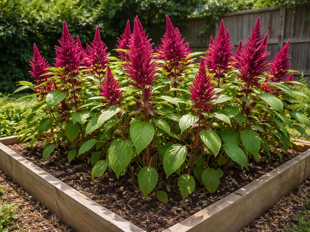 Vivid amaranth plants thriving in a sunny UK raised garden bed