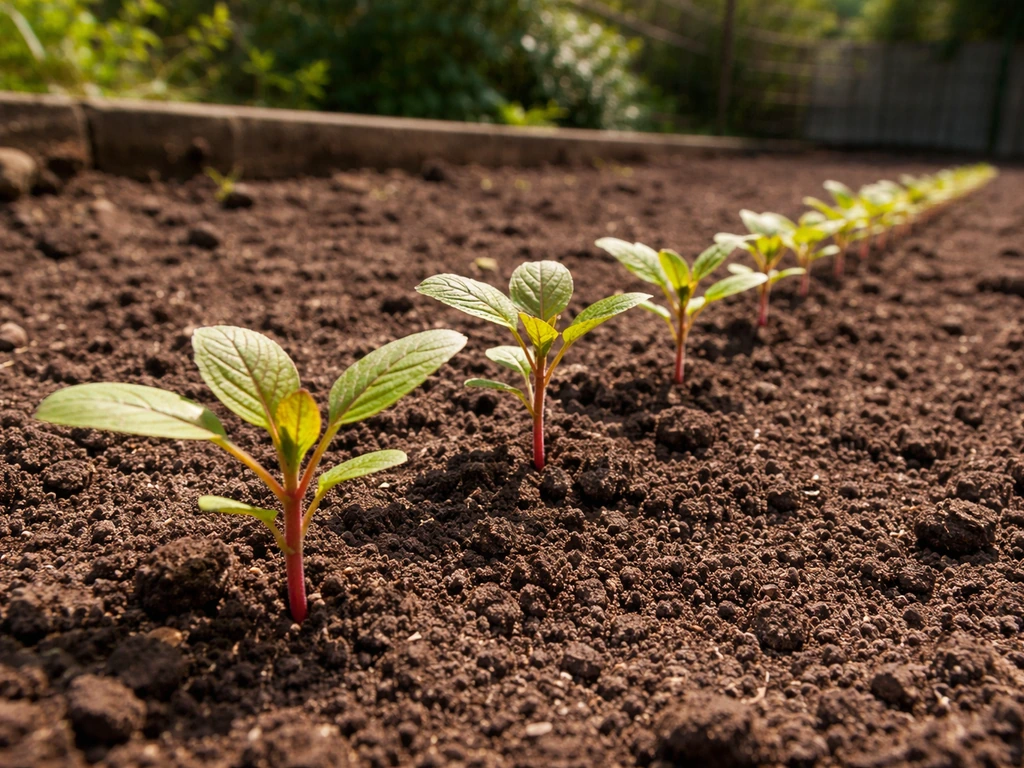 Amaranth seedlings in a warm UK garden bed under full sun.