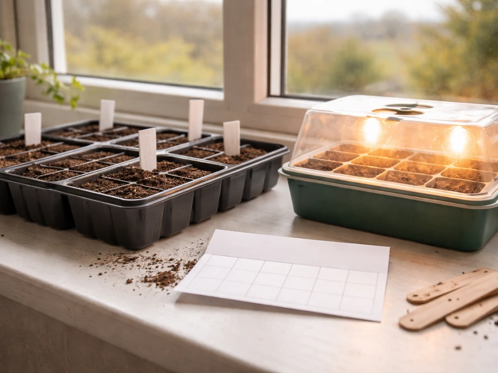 Indoor seed trays on a windowsill beside a small bright propagator, with a simple outdoor sowing timeline cue.