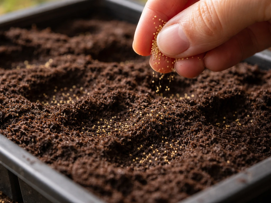 Tiny amaranth seeds being surface-sown onto a seed tray of fine moist compost, pressed lightly