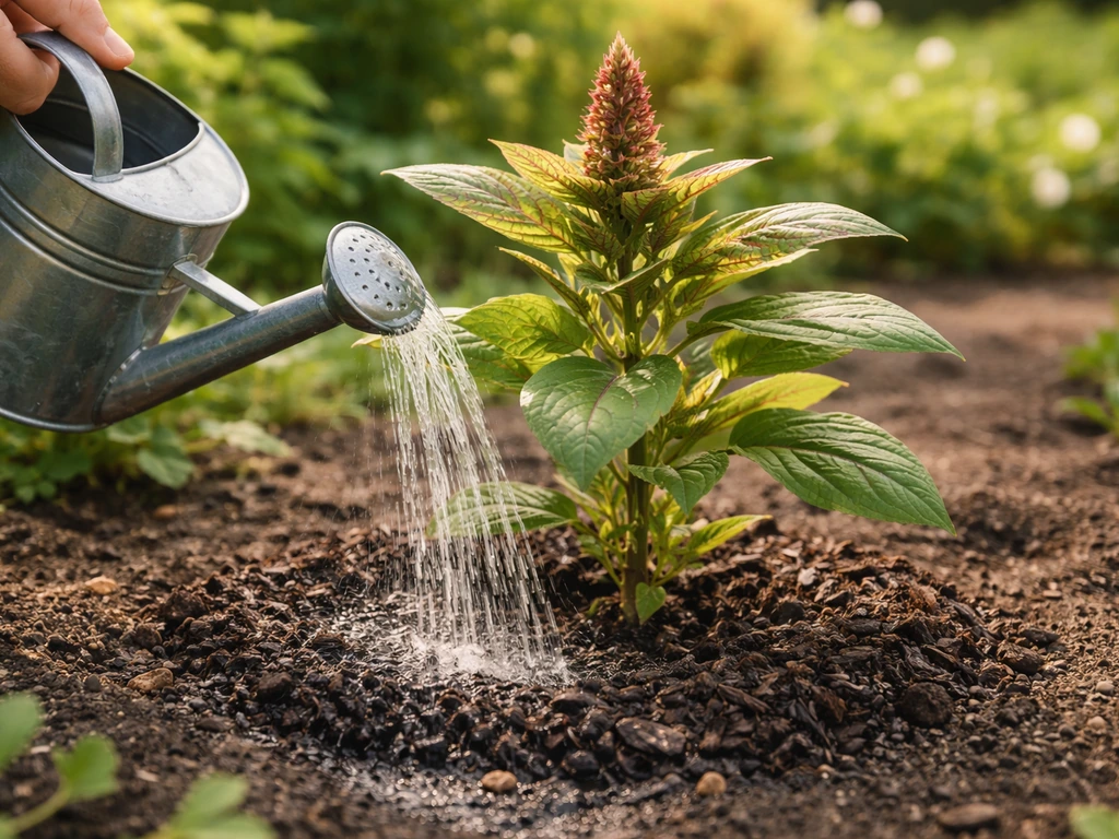 UK summer amaranth plant in a garden bed, mulched base, watered gently with a watering can.