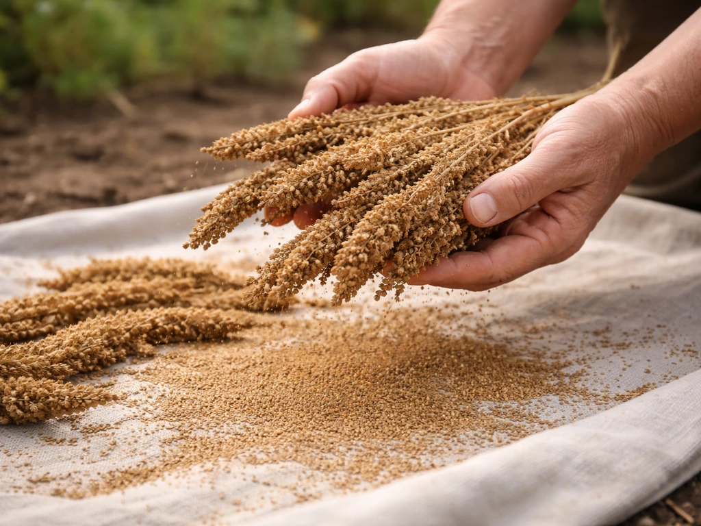 Dry grain amaranth seed heads being gently handled over a clean tarp