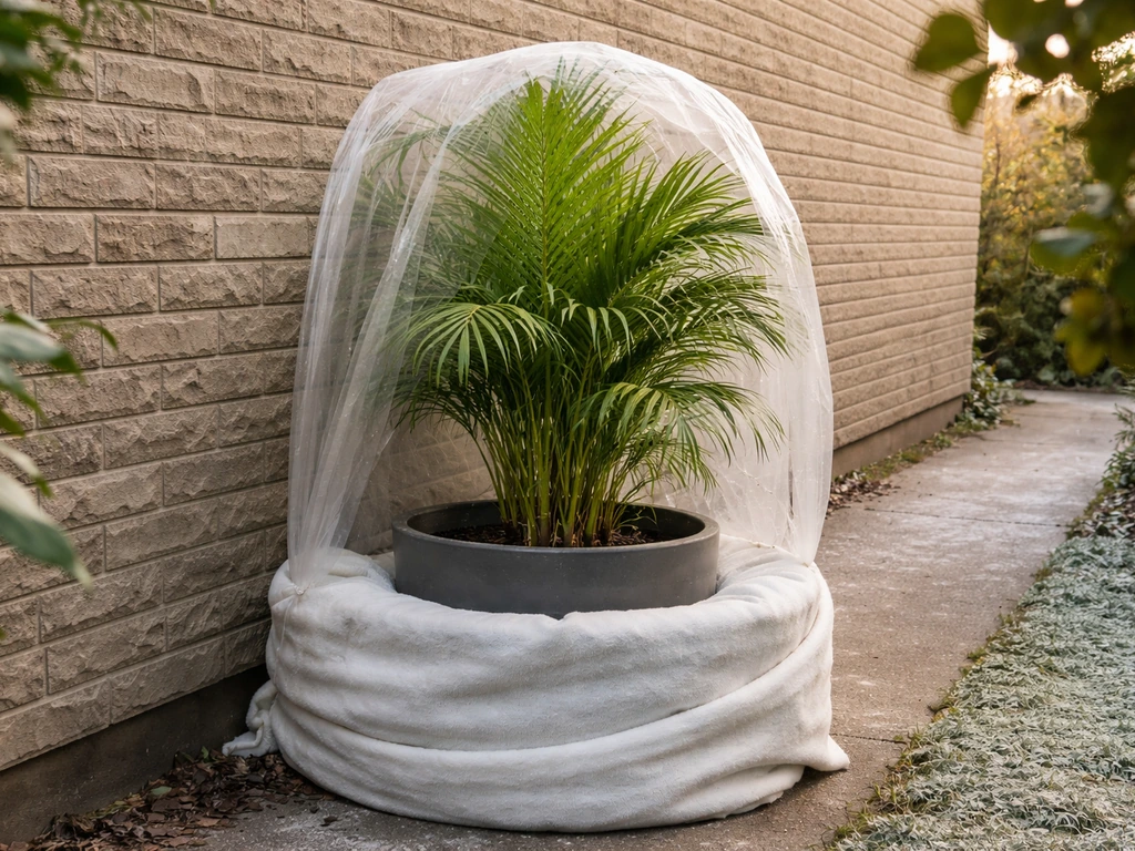 An areca palm in a sheltered garden spot under protective cloche and insulation against frost.