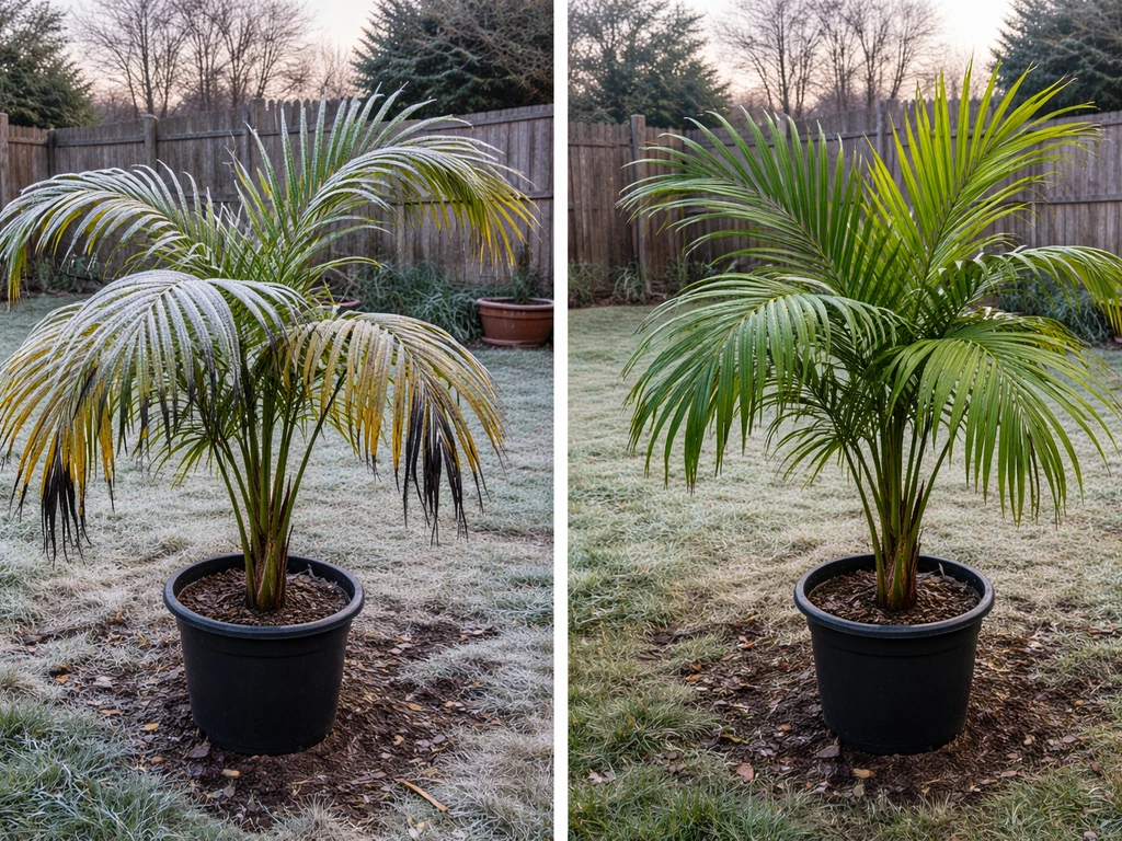 Areca palm with frosted yellow/browned fronds on one side and healthier green fronds on the other.