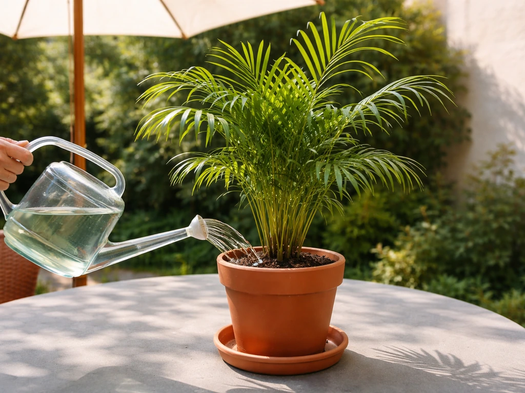 Areca palm in a terracotta pot outdoors in bright shade, with a watering can and saucer drip tray.