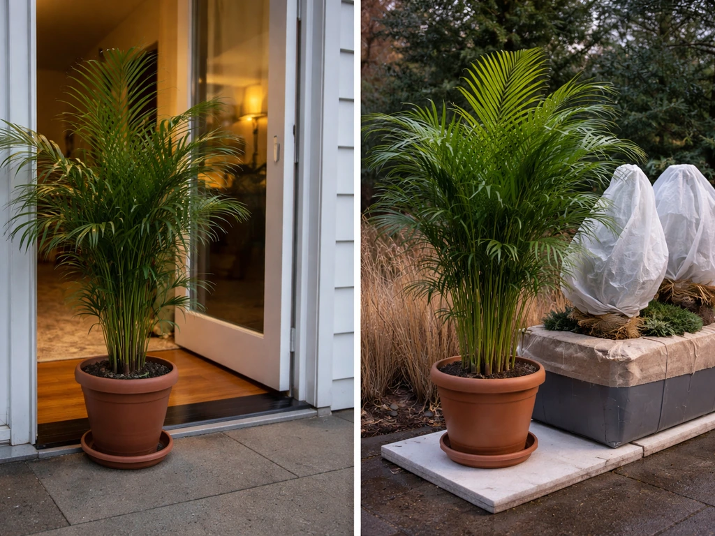 Potted areca palm moved indoors before frost, with another areca palm left outdoors near covered containers.