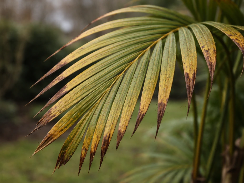 Close-up of an areca palm leaf showing yellowing from cold stress and faint red spider mite webbing
